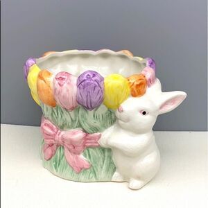 NWOT Palm Tree Ceramic Flower Pot Planter Easter Bunny